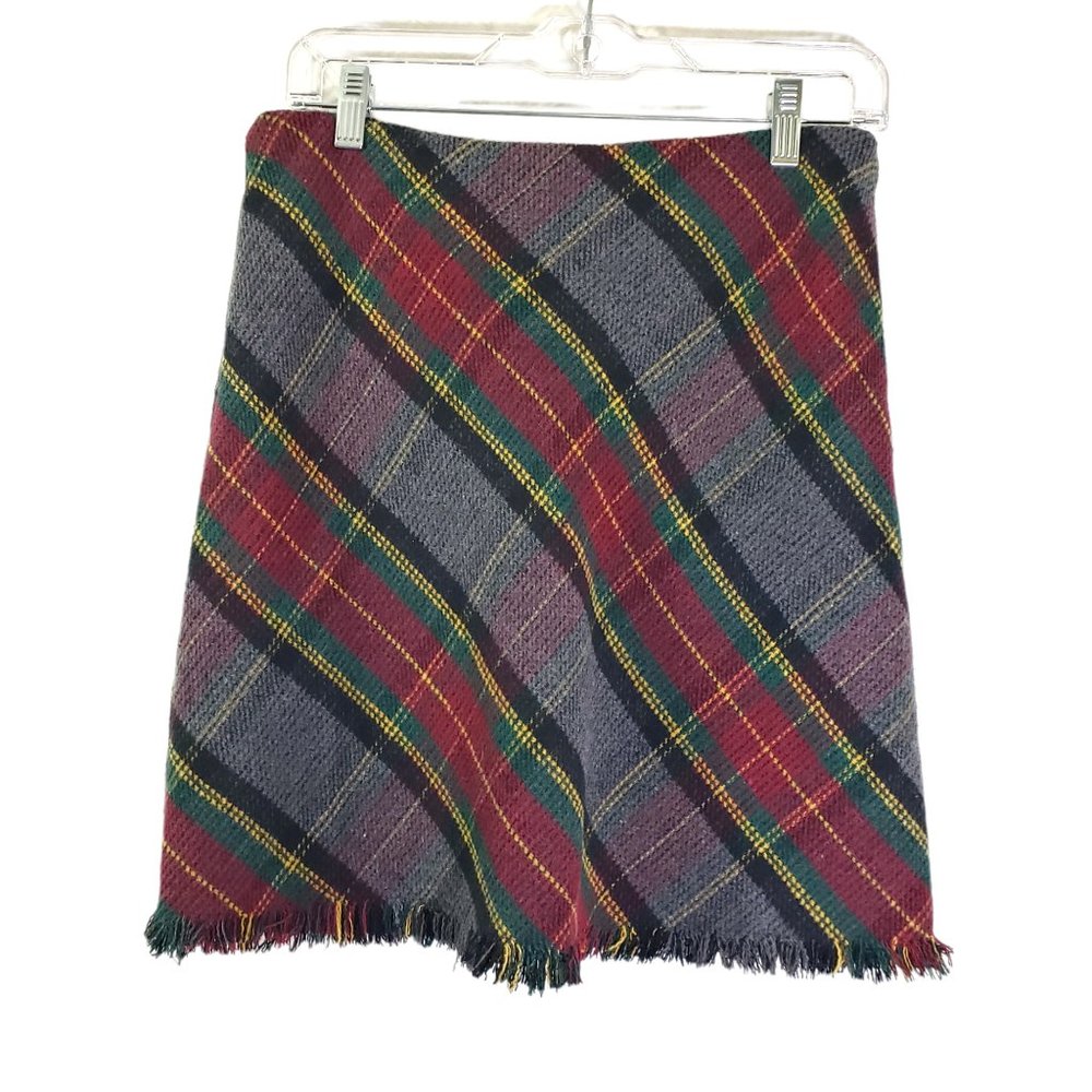 SANCTUARY Medium Gray, Red, Black, Green Plaid Wool-blend, Fringe Bottom Skirt